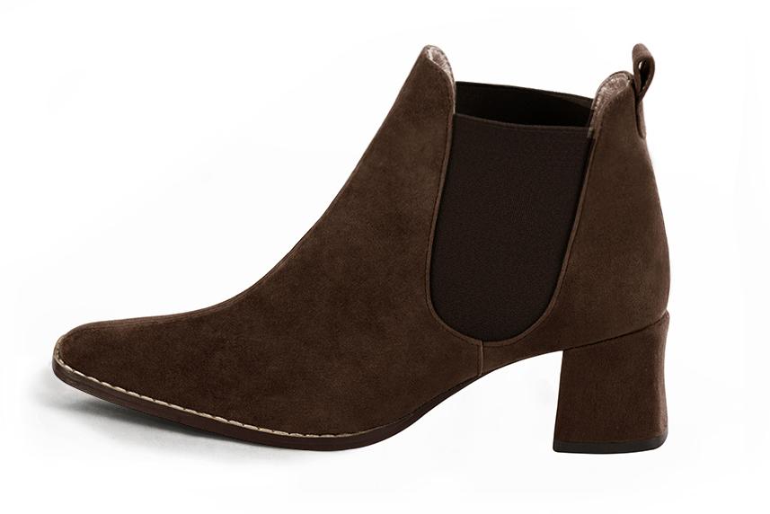Dark brown women's ankle boots, with elastics. Square toe. Medium block heels. Profile view - Florence KOOIJMAN